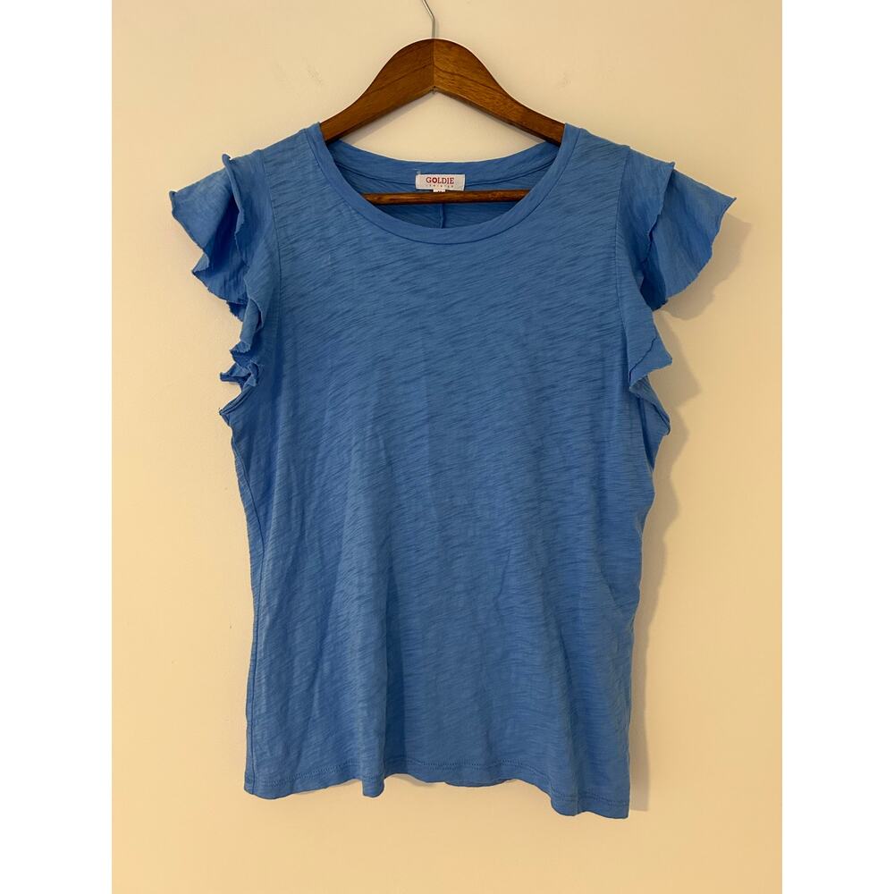 Goldie Lewinter M Blue Burnout Ruffle Short Sleeve Blouse Raw Hem Basic Tee EUC